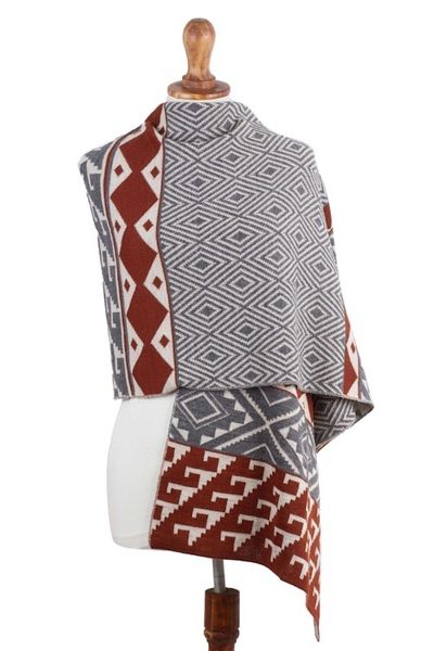 Alternate image for Alpaca Blend Geometric Shawl in Brick and Slate from Peru Geometric Andes