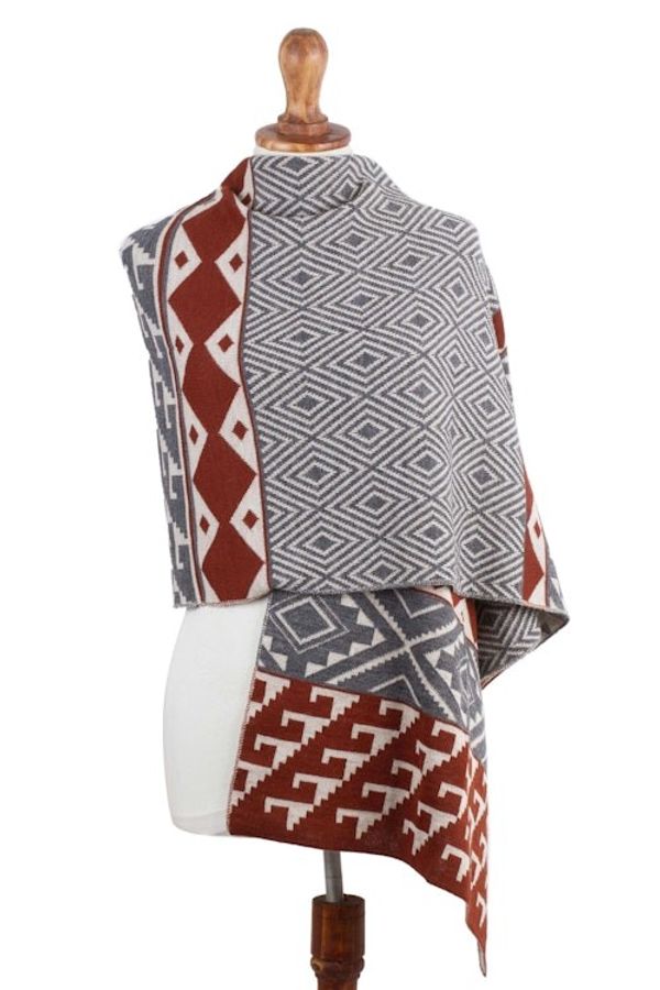 Alternate image for Alpaca Blend Geometric Shawl in Brick and Slate from Peru Geometric Andes
