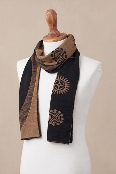 Alternate image for Reversible Sepia and Black Sun Motif Alpaca Blend Scarf Sepia and Black Cosmovision