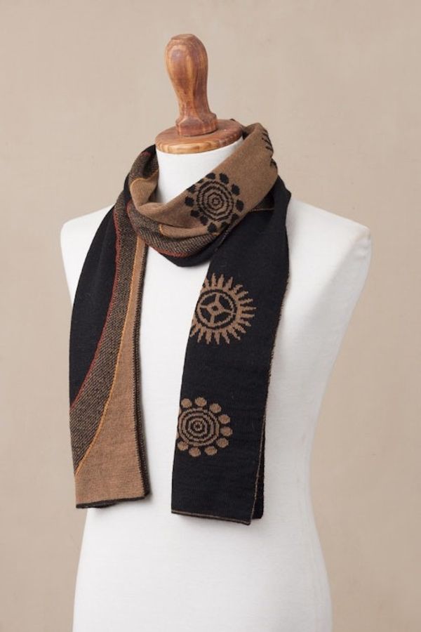 Alternate image for Reversible Sepia and Black Sun Motif Alpaca Blend Scarf Sepia and Black Cosmovision