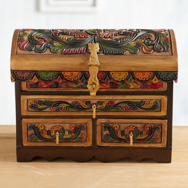 Alternate image for Tooled Leather, Cedar Embellished Wood Domed-Lid Jewelry Box Guardian Birds
