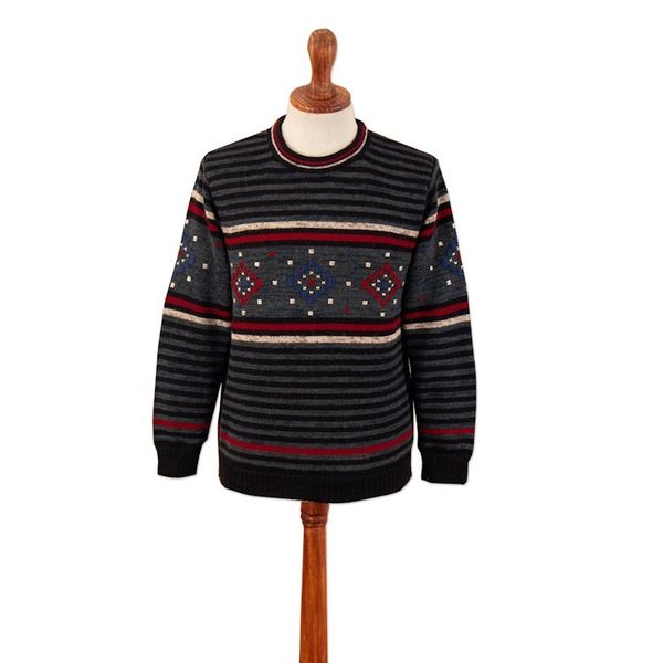 Alternate image for 100 Alpaca Mens Pullover with Hand-Embroidered Motifs Lines  Stitches