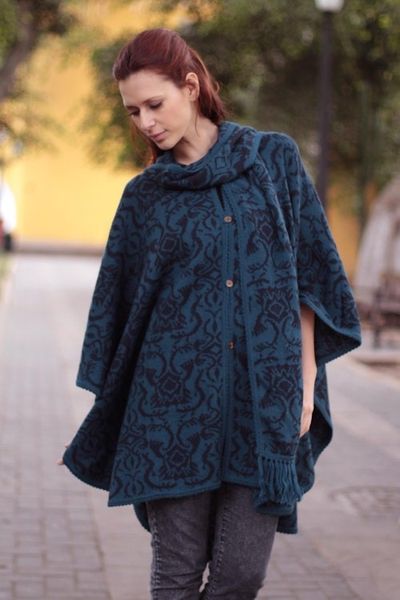 Alternate image for Unique Womens Alpaca Wool Blend Patterned Poncho Peruvian Wildflower in Blue