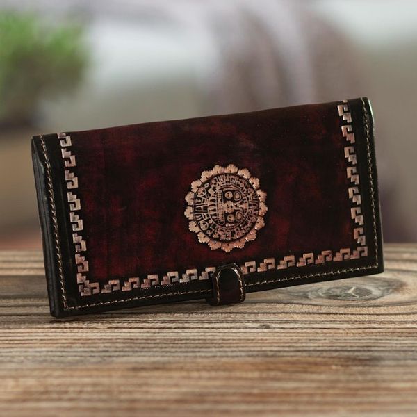 Alternate image for Brown Leather Wallet with Embossed Inca Sun Symbol from Peru Cusco Sun