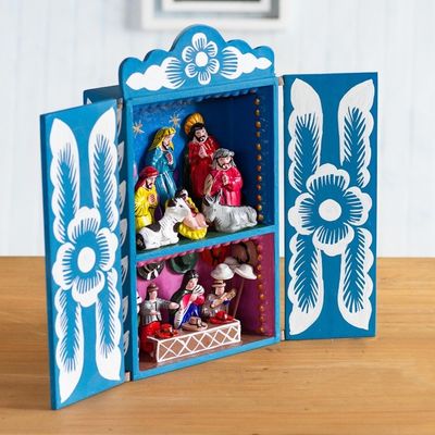Alternate image for Handcrafted Christian Theme Christmas Retablo Diorama Blue Andean Christmas
