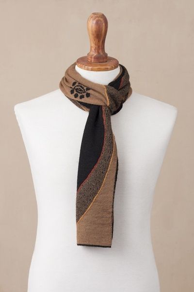 Alternate image for Reversible Sepia and Black Sun Motif Alpaca Blend Scarf Sepia and Black Cosmovision