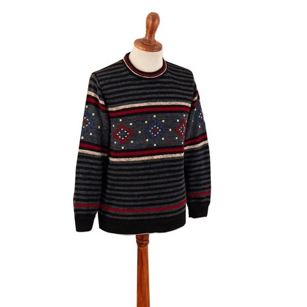 Alternate image for 100 Alpaca Mens Pullover with Hand-Embroidered Motifs Lines  Stitches