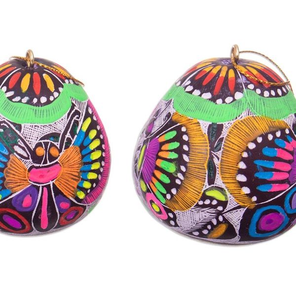 Alternate image for Handmade Andean Gourd Ornaments with Butterflies Set of 3 Colorful Hope