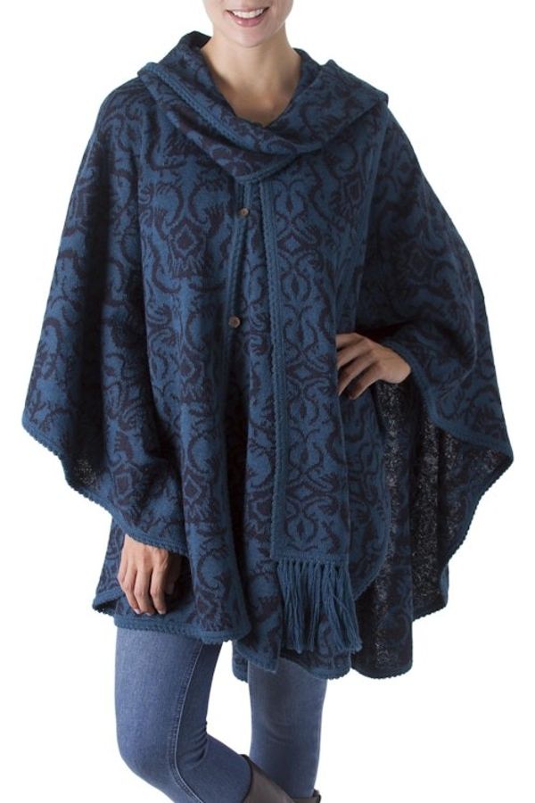 Alternate image for Unique Womens Alpaca Wool Blend Patterned Poncho Peruvian Wildflower in Blue