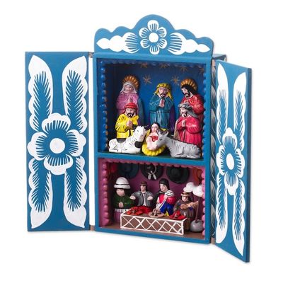 Alternate image for Handcrafted Christian Theme Christmas Retablo Diorama Blue Andean Christmas