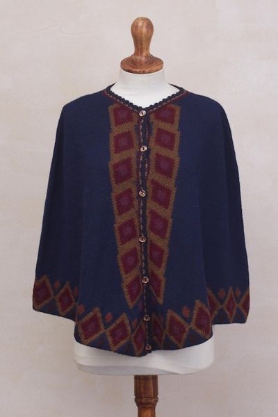 Alternate image for Blue 100 Alpaca Cape with Burgundy Diamond Motifs Climbing Diamonds