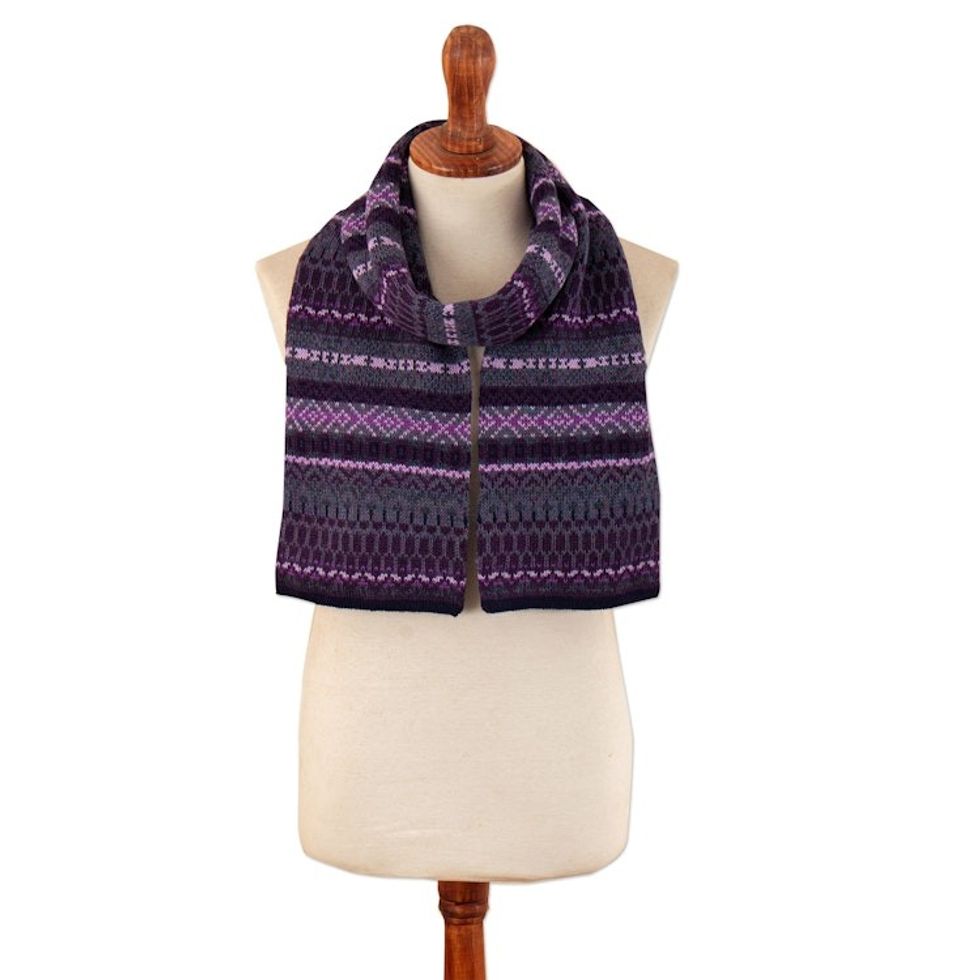 Knit 100 Alpaca Striped Patterned Scarf in Purple and Blue 'Elegant Purple Geometry'