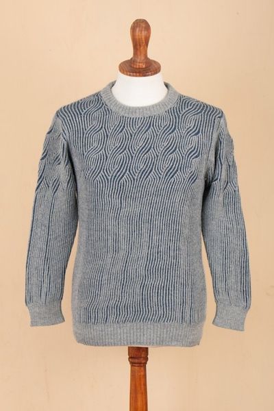 Alternate image for Blue and Grey Mens 100 Alpaca Ribbed Knit Pullover Sweater Brioche