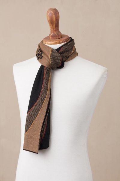 Alternate image for Reversible Sepia and Black Sun Motif Alpaca Blend Scarf Sepia and Black Cosmovision