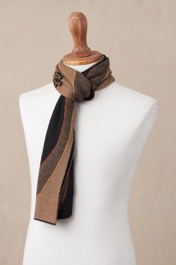 Alternate image for Reversible Sepia and Black Sun Motif Alpaca Blend Scarf Sepia and Black Cosmovision