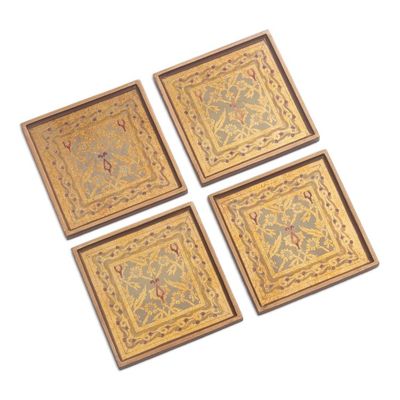Alternate image for Four Floral Gold-Tone Reverse Painted Glass Coasters Colonial Gold