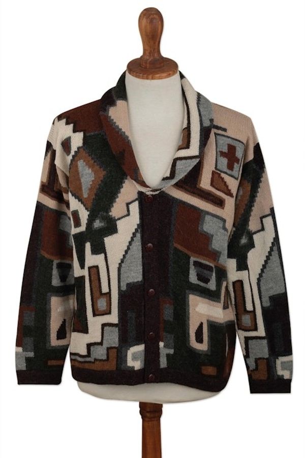 Alternate image for Mens 100 Alpaca Geometric Patterned Cardigan from Peru Inca Construction