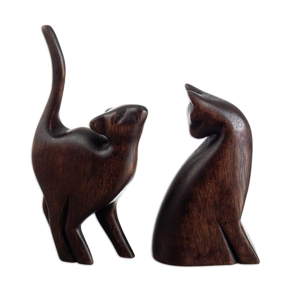 Hand-Carved Cat Themed Wood Sculptures from Peru Pair 'Fully Flirty'