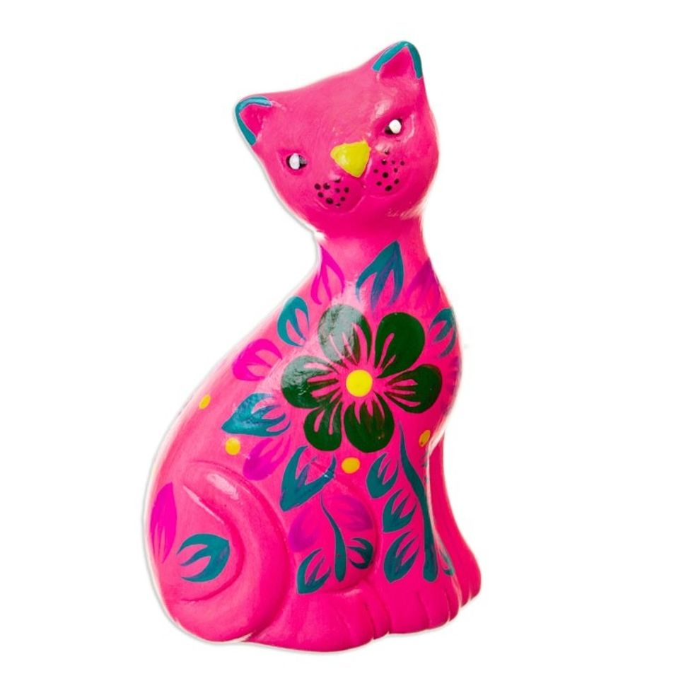 Hand-Painted Pink Ceramic Cat Figurine with Floral Motif 'Sweet Cat in Pink'