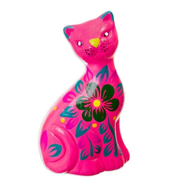 Alternate image for Hand-Painted Pink Ceramic Cat Figurine with Floral Motif Sweet Cat in Pink