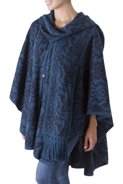 Alternate image for Unique Womens Alpaca Wool Blend Patterned Poncho Peruvian Wildflower in Blue