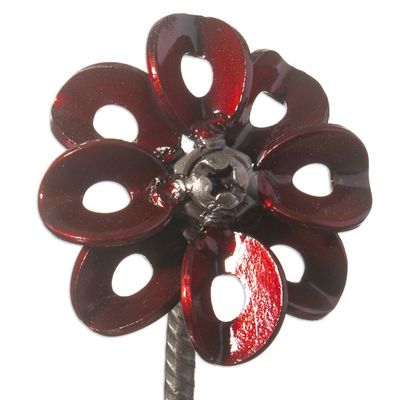 Alternate image for Recycled Metal Flower Sculpture with Red Petals Mechanical Flower