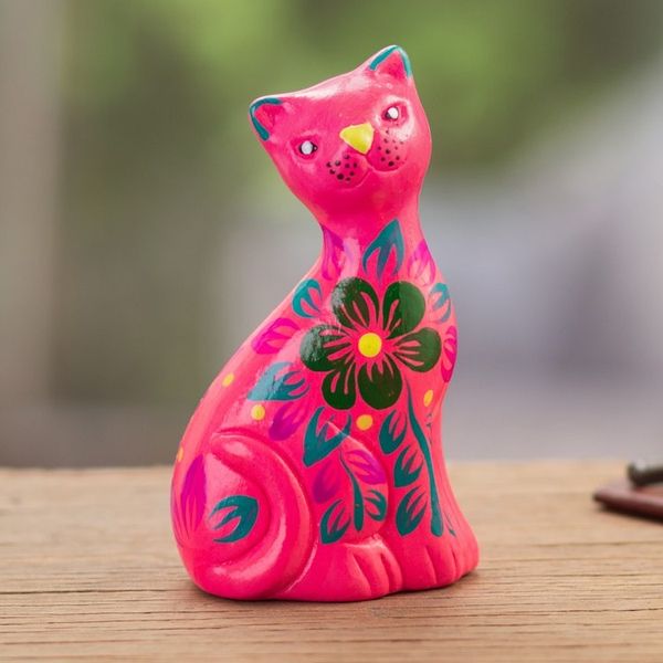 Alternate image for Hand-Painted Pink Ceramic Cat Figurine with Floral Motif Sweet Cat in Pink