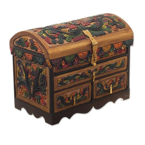 Alternate image for Tooled Leather, Cedar Embellished Wood Domed-Lid Jewelry Box Guardian Birds