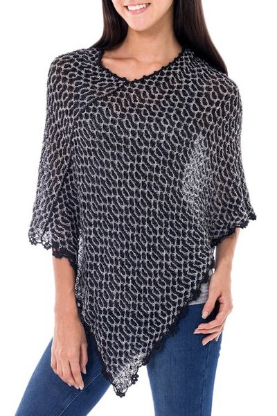 Alternate image for Black White Alpaca Blend Poncho from Peru Black Huancayo