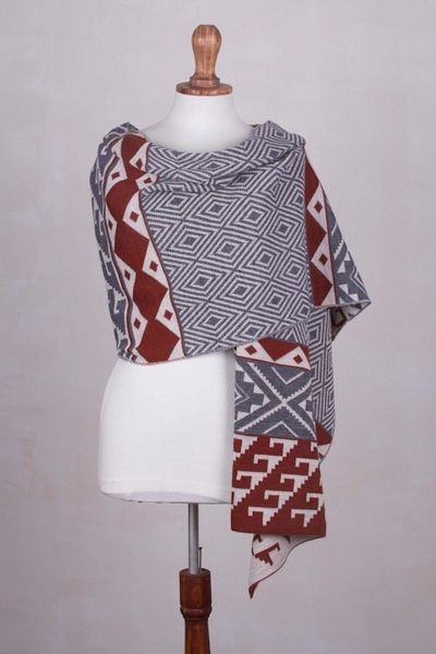 Alternate image for Alpaca Blend Geometric Shawl in Brick and Slate from Peru Geometric Andes