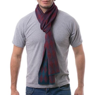 Alternate image for Mens Alpaca Blend Scarf in Teal and Cherry from Peru Diamond Sophistication