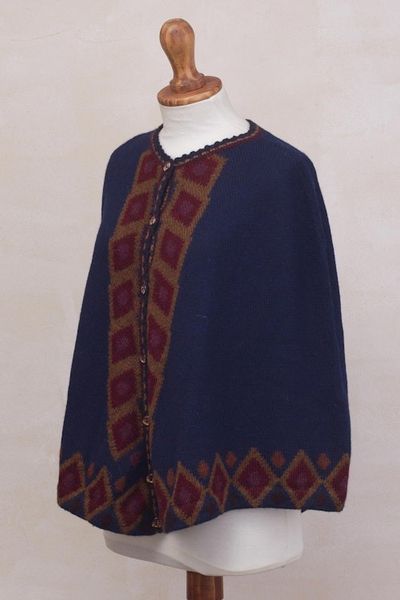 Alternate image for Blue 100 Alpaca Cape with Burgundy Diamond Motifs Climbing Diamonds