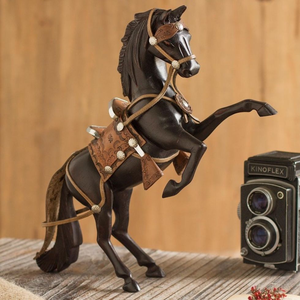 Cedar and Leather Horse Sculpture Carved by Hand 'Proud Horse'
