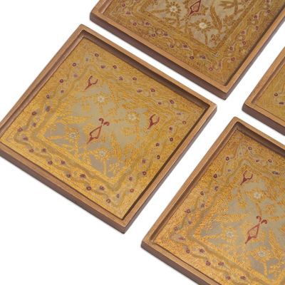 Alternate image for Four Floral Gold-Tone Reverse Painted Glass Coasters Colonial Gold