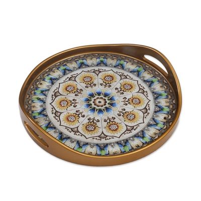 Alternate image for Andean Sunflower Theme Reverse-Painted Glass Tray Blue Andean Mandala