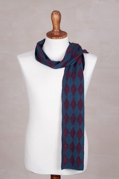 Alternate image for Mens Alpaca Blend Scarf in Teal and Cherry from Peru Diamond Sophistication