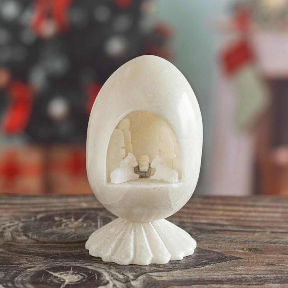 Carved White Huamanga Stone Nativity Egg Sculpture Peru 'Holiday of Peace and Love'