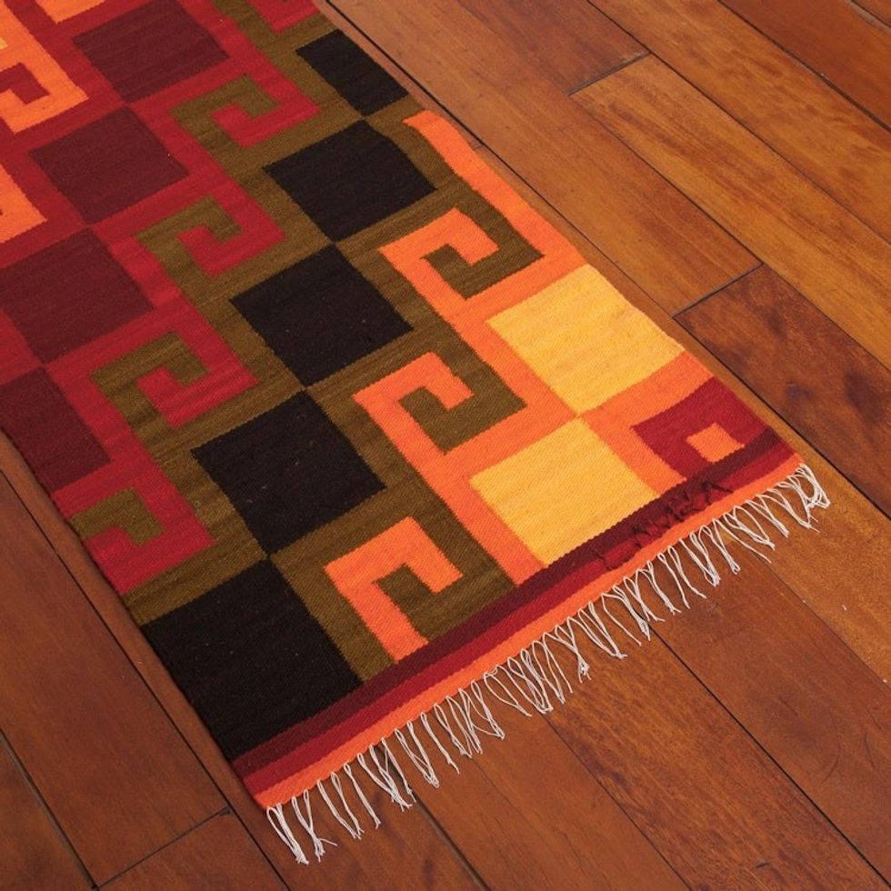 Hand Loomed Wool Area Rug 2x8 'Fiery Hills'