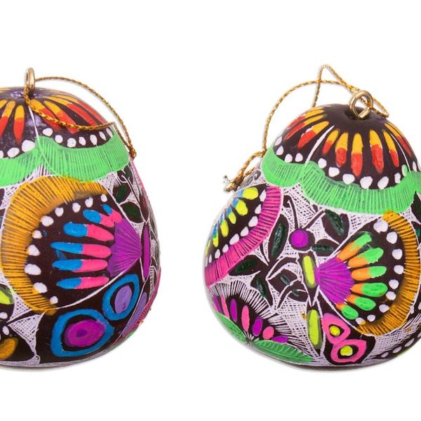 Alternate image for Handmade Andean Gourd Ornaments with Butterflies Set of 3 Colorful Hope