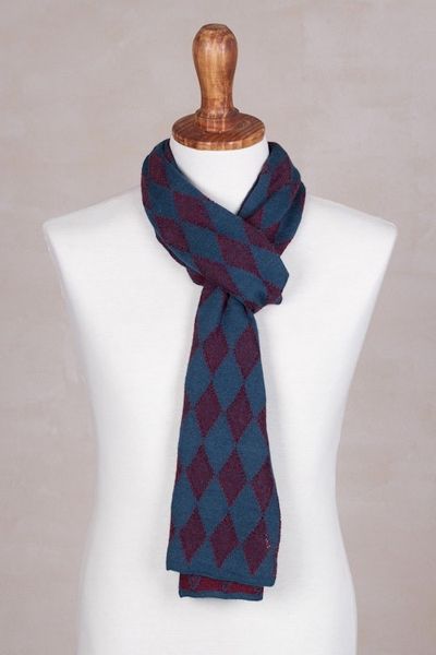 Alternate image for Mens Alpaca Blend Scarf in Teal and Cherry from Peru Diamond Sophistication