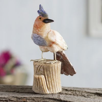 Alternate image for Handmade Calcite and Garnet Bird Sculpture Blue Crested Bird