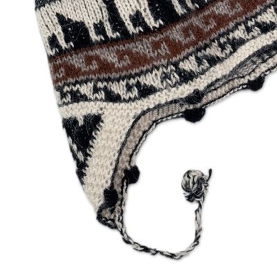 Alternate image for Black and White Alpaca Blend Chullo Hat Llama Silhouette