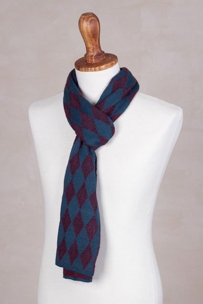 Alternate image for Mens Alpaca Blend Scarf in Teal and Cherry from Peru Diamond Sophistication