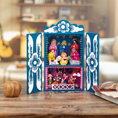 Alternate image for Handcrafted Christian Theme Christmas Retablo Diorama Blue Andean Christmas
