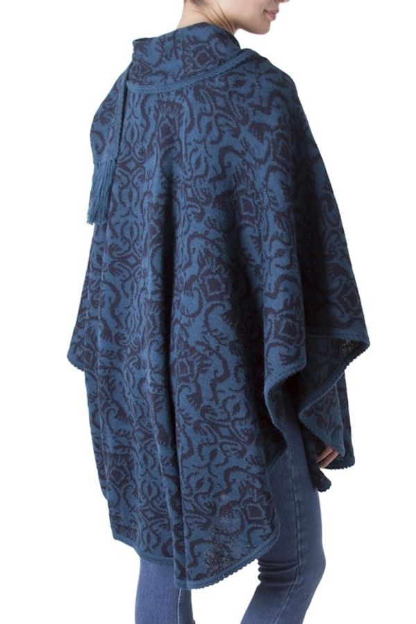 Alternate image for Unique Womens Alpaca Wool Blend Patterned Poncho Peruvian Wildflower in Blue