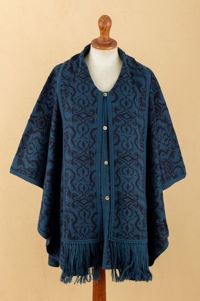 Alternate image for Unique Womens Alpaca Wool Blend Patterned Poncho Peruvian Wildflower in Blue