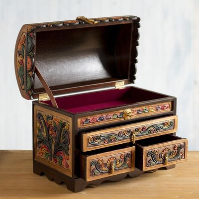 Alternate image for Tooled Leather, Cedar Embellished Wood Domed-Lid Jewelry Box Guardian Birds