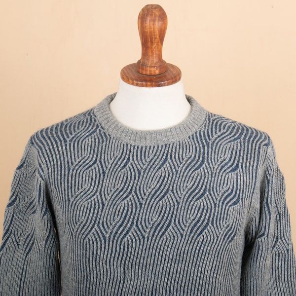 Alternate image for Blue and Grey Mens 100 Alpaca Ribbed Knit Pullover Sweater Brioche