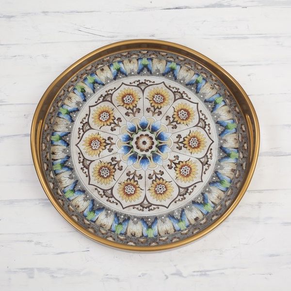 Alternate image for Andean Sunflower Theme Reverse-Painted Glass Tray Blue Andean Mandala