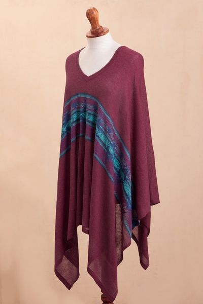 Alternate image for Cotton Blend Poncho in Cerise and Blue from Peru Andean Charm